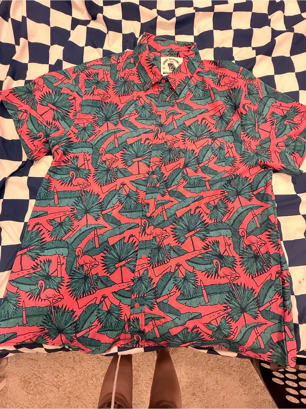 Short-Sleeve Tropical Button-Down Shirt in Pink & Teal